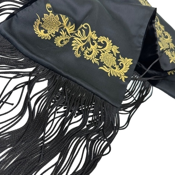 Elegant Black Velvet and Silk Gold Reversible Fringe Scarf, Made in Italy - Picture 1 of 10